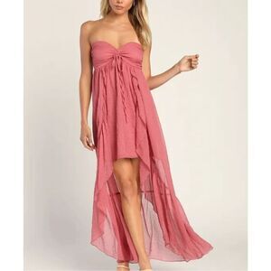 NWT Lulus Airy Aura Rusty Rose Strapless Ruffled High-Low Dress Size XS